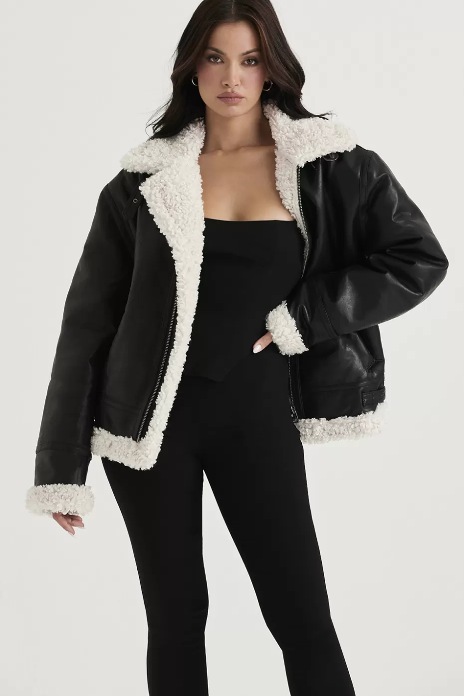 House of CB madden black vegan shearling aviator jacket cn