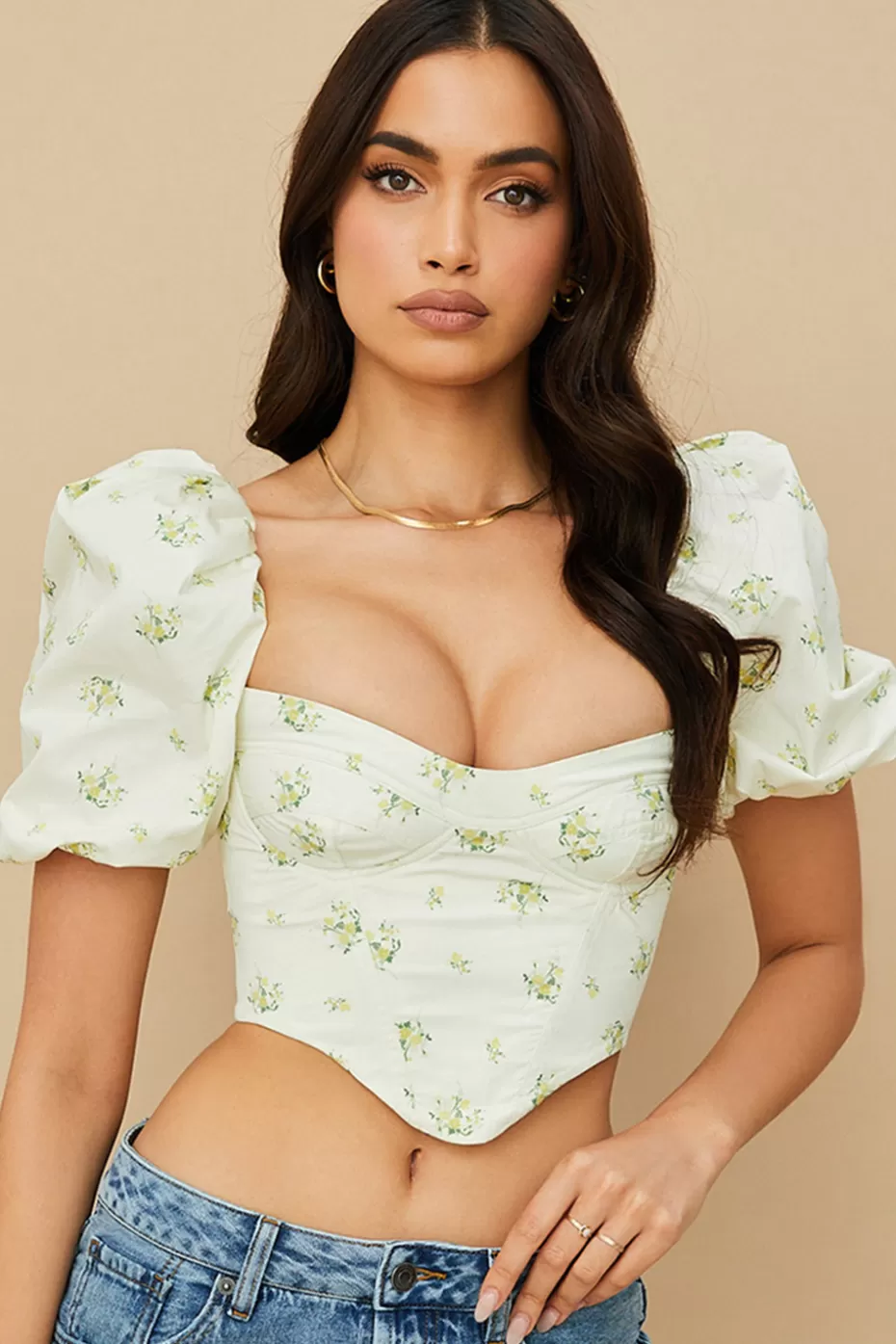 House of CB tabitha ivory floral puff sleeve corset cn