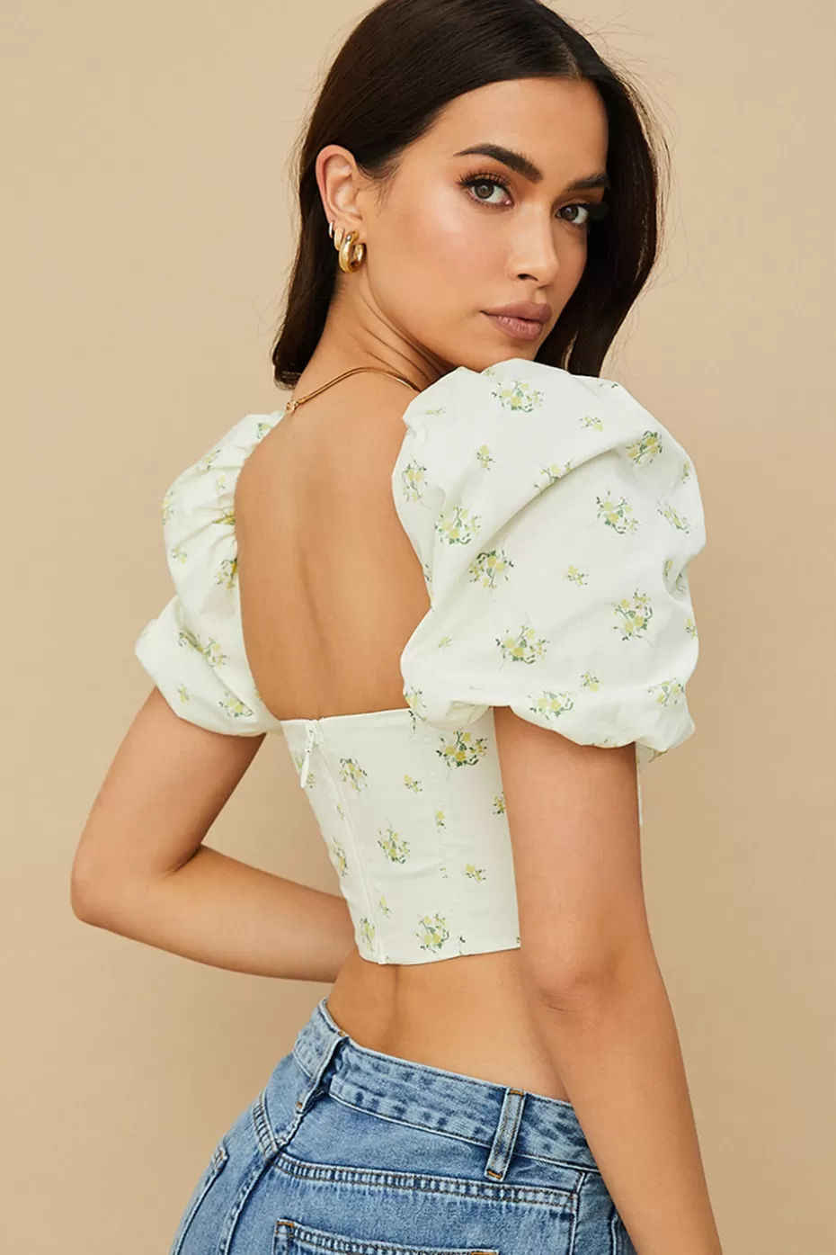 House of CB tabitha ivory floral puff sleeve corset cn